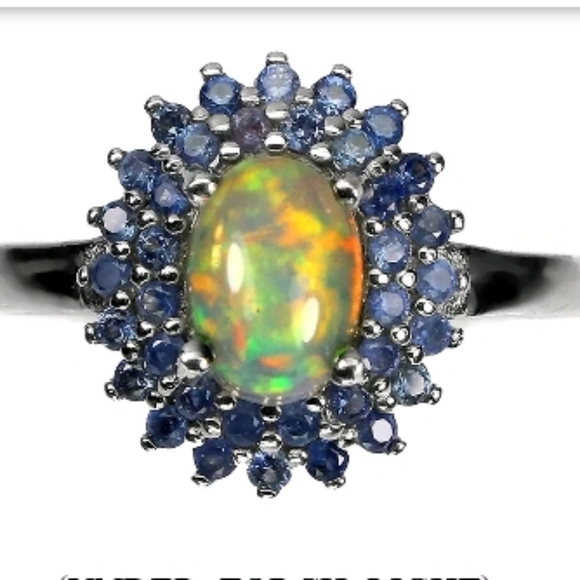 Double Halo Sapphire/Fire Opal Ring dd - Picture 1 of 3